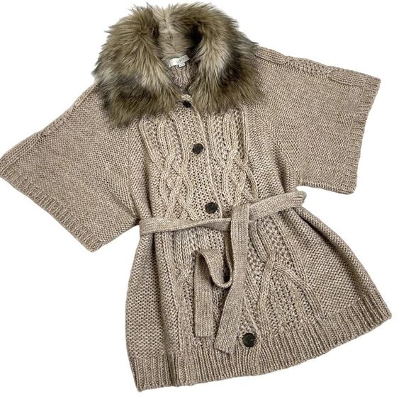 Loft Acrylic Wool Alpaca Chunky Knit Cardigan Sweater Faux Fur Collar Tan/Cream - Picture 12 of 12